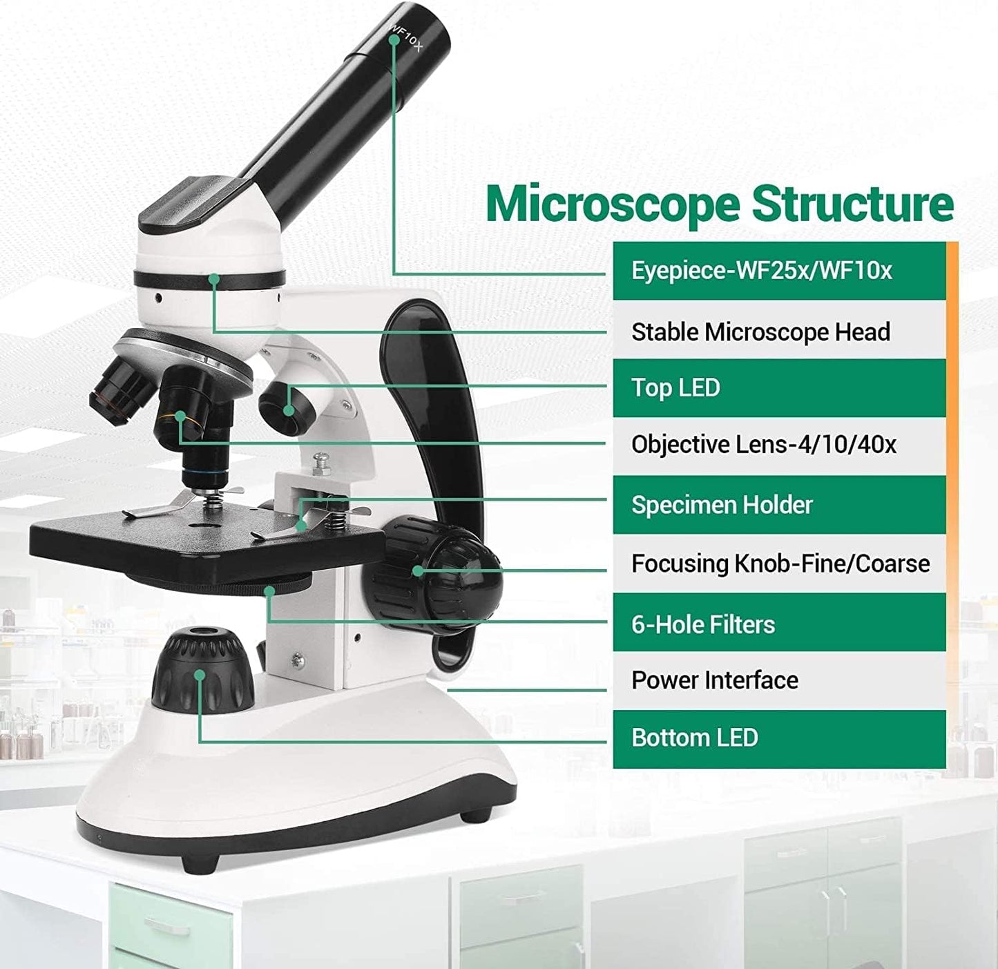Microscope Kit for Kids Adults Students, 40X-2000X Compound Microscope with Prepared Slides, Dual LED Illumination, All-Glass Optics, Phone Adapter & Carrying Case for Beginners