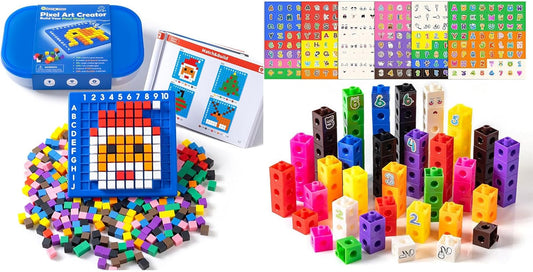 Pixel Art Creator – 400 Hard Plastic Cubes - 100 Pcs Math Linking Cubes with 384 Cartoon Stickers, STEM Toy for 5+ Year Olds, Fine Motor Skills Game & Kinder Classroom Must-Have