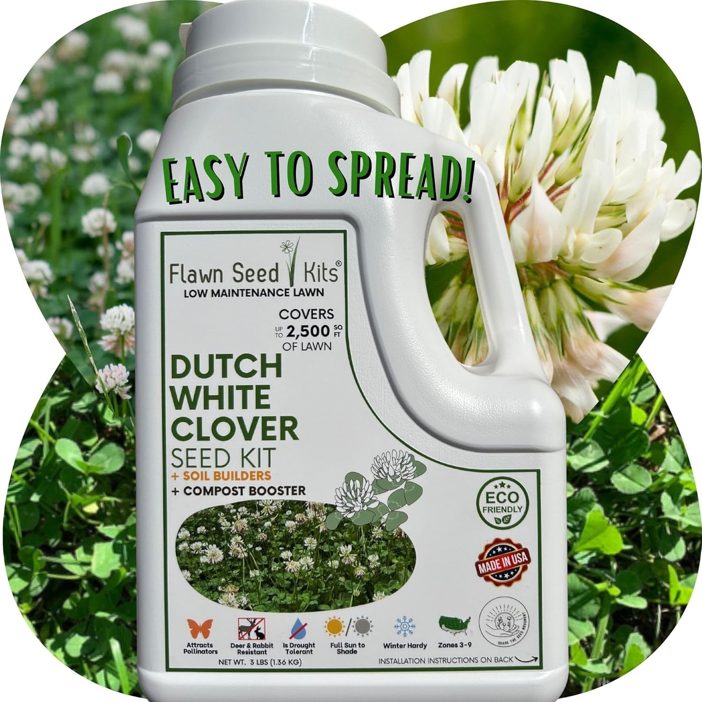 Lawn Seed Kits Dutch White Clover Seed Kit, Easy Spread Shakers, Low Maintenance Lawn, Alternative Ground Cover, Covers up to 250 Sqft