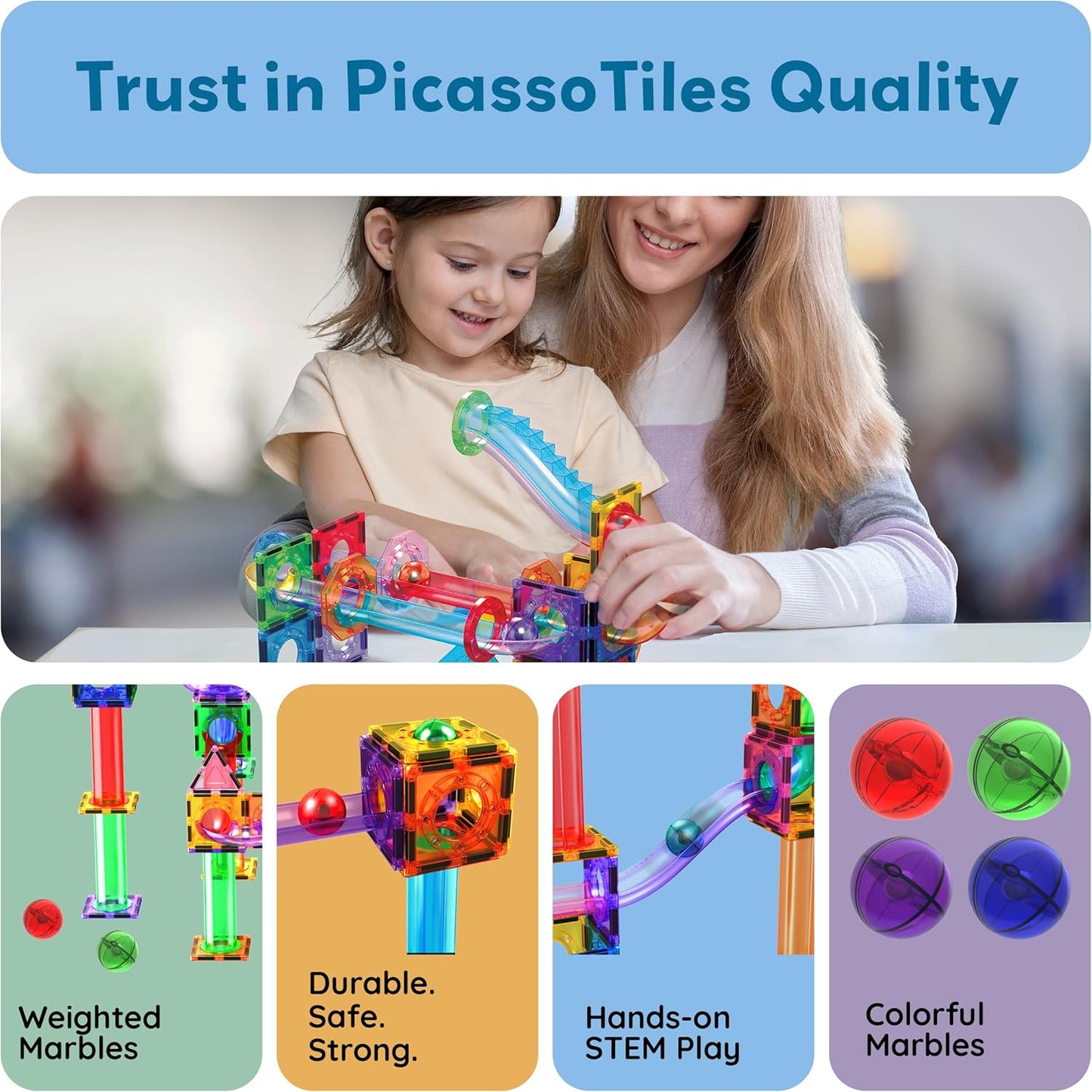 PicassoTiles 70pc Marble Run Magnetic Tiles STEM Set for Kids Ages 3 and Older Magnet Tile Marbles Maze Building Blocks Brain Development Toy Preschool Educational Learning Construction Playset PTG70