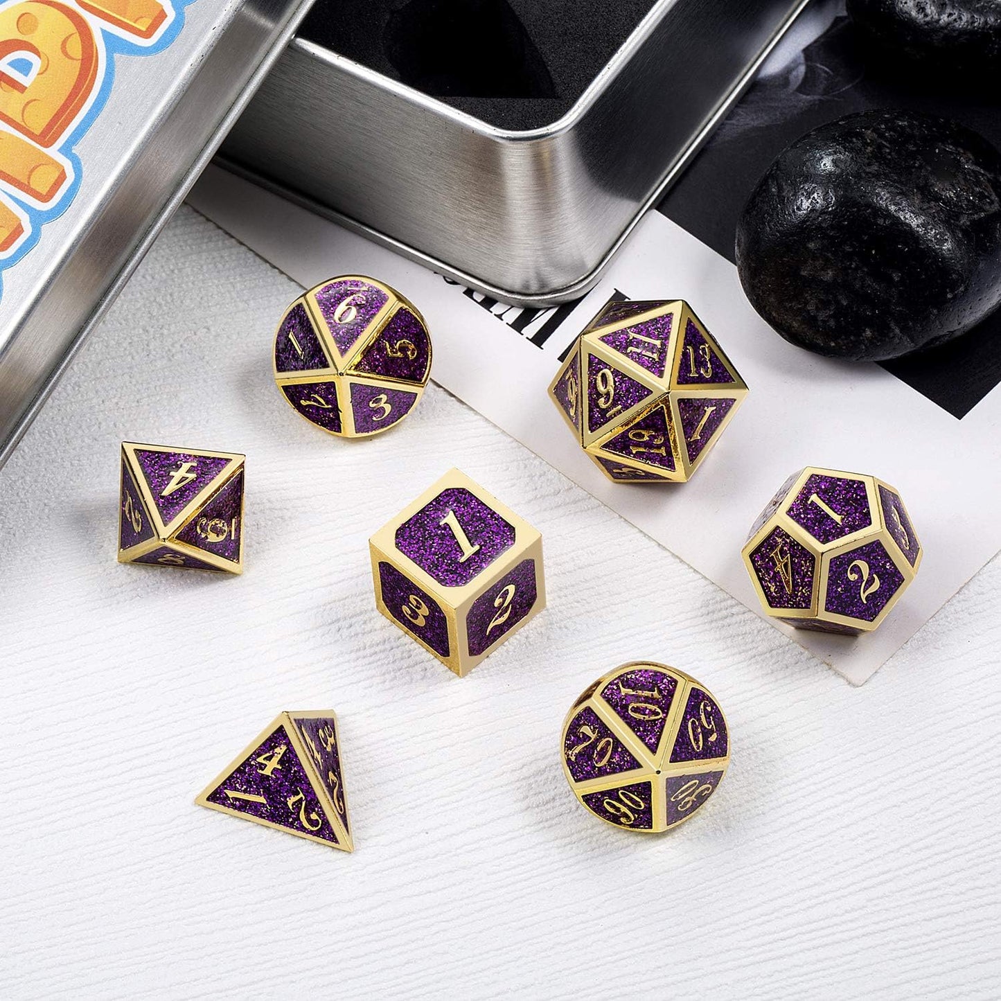 DnDnD Heavy Polyhedral Metal Dice Set with Metal Box, 7-die Shiny Blue Surface with Golden Number for RPG,Dungeons and Dragons,Pathfinder,Shadowrun,D&D,Role Palying Game and Math Teaching - Colors A