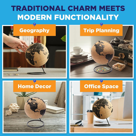 Black Cork Globe with Push Pins - 7.9" Tall Globe with Map of the World and Rotating Stand for Adults, 100 Metallic and 100 Colored Push Pins - World Map for Home, Office, Travel