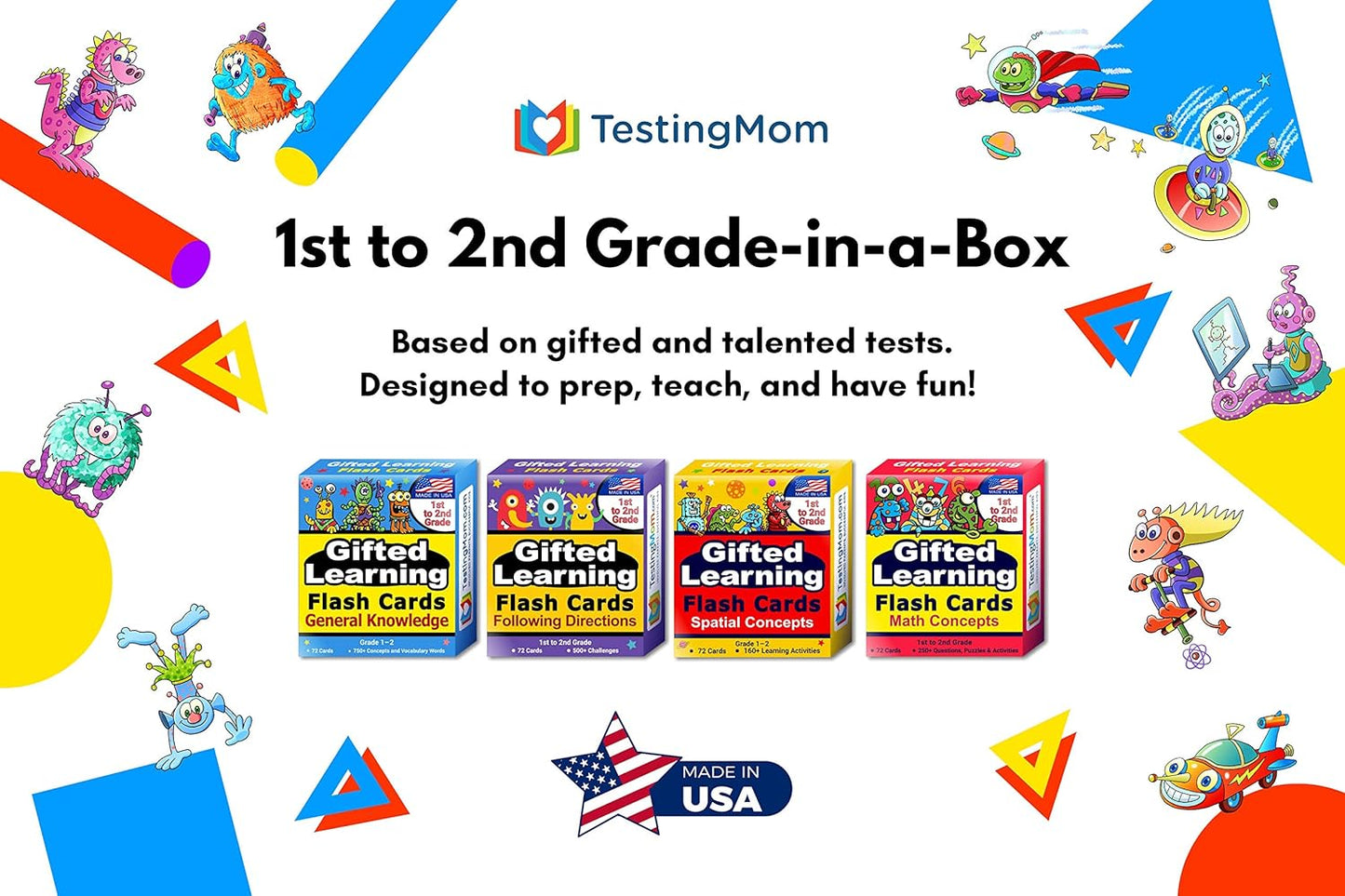 TestingMom.com Gifted Learning Flash Cards Bundle - Educational Flash Cards for 6-8 Years - Knowledge, Spatial Concepts, Following Directions and Math Flash Cards for Grade 1-2 CogAT, OLSAT, NNAT