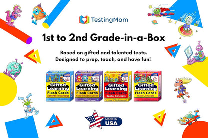 TestingMom.com Gifted Learning Flash Cards Bundle - Educational Flash Cards for 6-8 Years - Knowledge, Spatial Concepts, Following Directions and Math Flash Cards for Grade 1-2 CogAT, OLSAT, NNAT