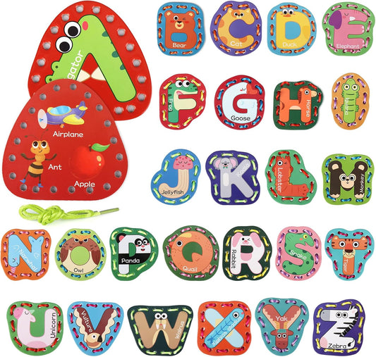 Vodolo 26 Pieces Lacing Cards Travel Sewing Kit for Kids, Letters Sequencing Threading Toy, Double Sided Fine Motor Skills Learning Toys, Classroom Supplies