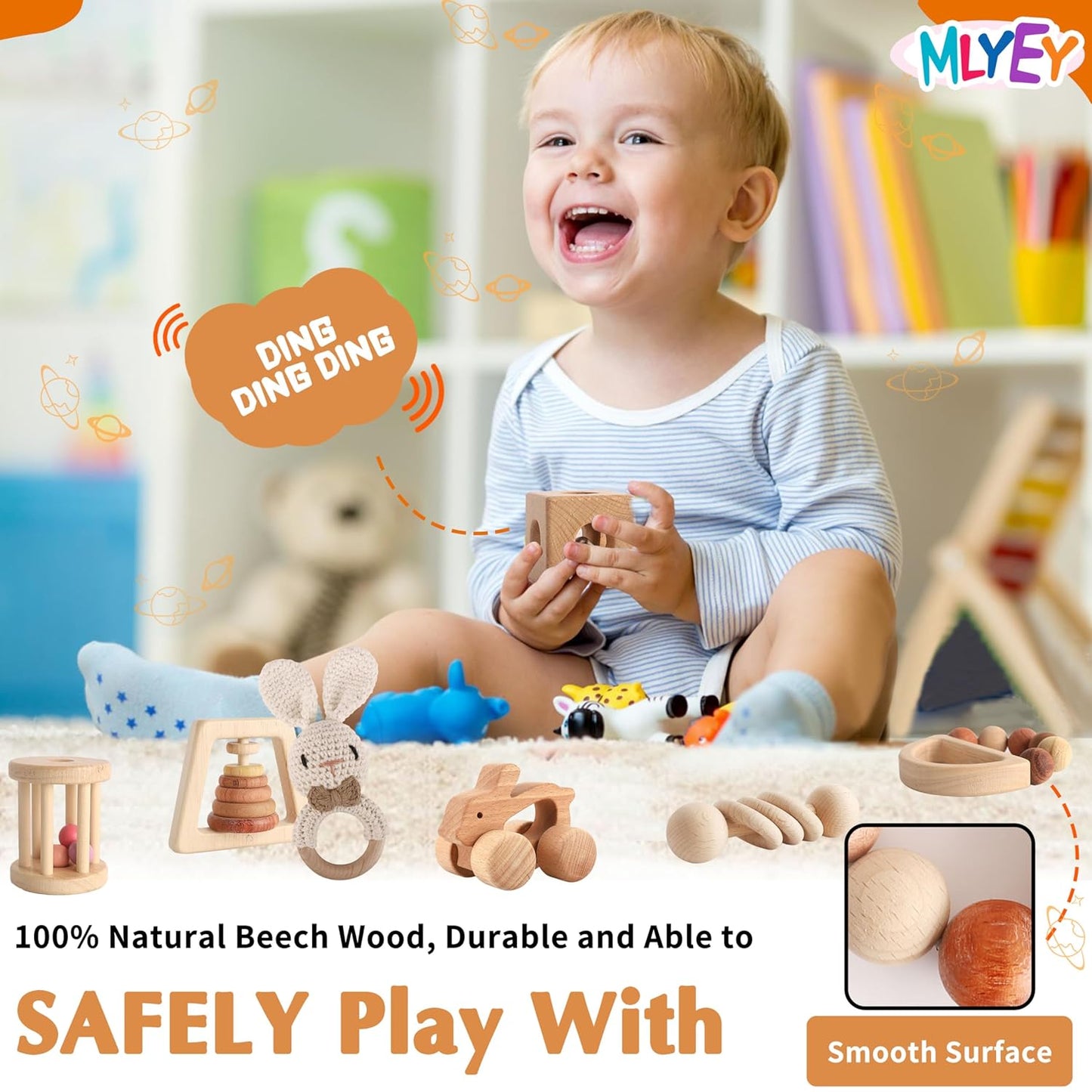 Wooden Rattles for Baby, 7PCS Wooden Montessori Toys for 7-24 Months Baby Boy Girl, Natural Beech Wood Grasping Toy, Gift for Babies