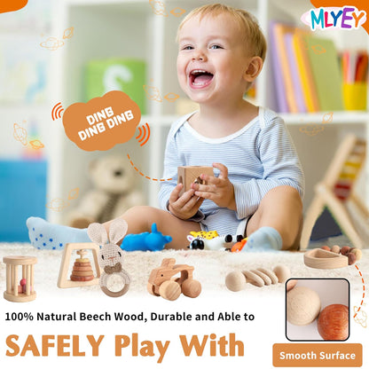Wooden Rattles for Baby, 7PCS Wooden Montessori Toys for 7-24 Months Baby Boy Girl, Natural Beech Wood Grasping Toy, Gift for Babies