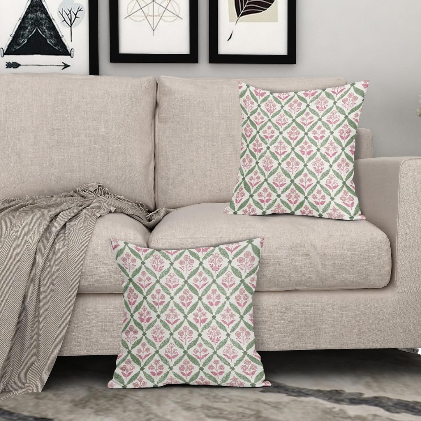 Blue Green Floral Block Print Pillow Covers 12X20 Set of 2, Flower Pattern Spring Summer Print Decorative Throw Pillow Covers Outdoor Farmhouse Seasonal Cushion Case Couch Sofa Bed Decor