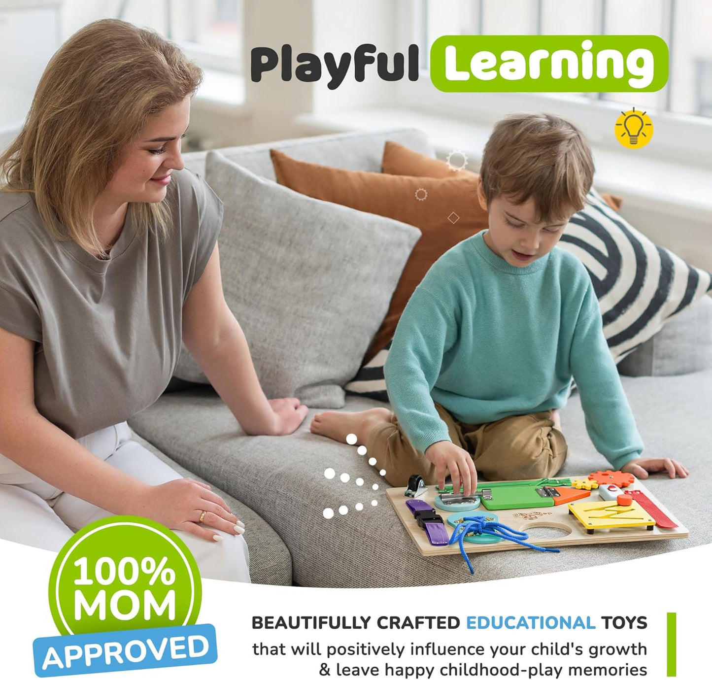 deMoca Toddler Busy Board for 1 Year Old, Travel Baby Wooden Montessori Busy Board for Toddlers 1–3, Switch and Fidget Activities for Early Motor Skills and Travel Play