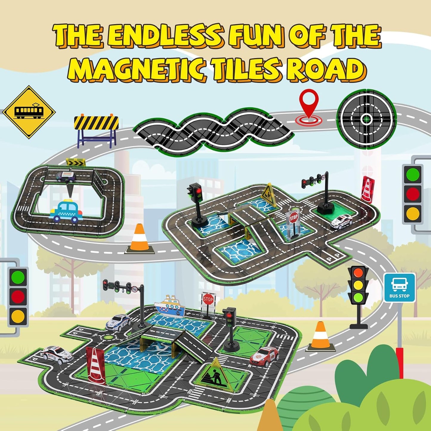 150PCS Magnetic Tiles Road Set with Marble Run, Preschool Magnet Tiles Included Magnetic Cars. STEM Magnetic Tiles for Kids, Preschool Educational Building Toys for Boys & Girls