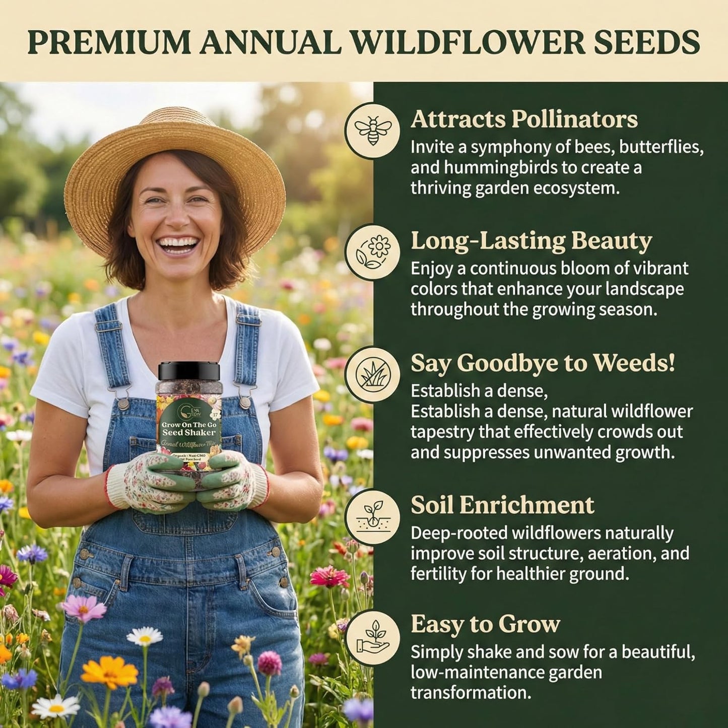 Mini Wildflower Seed Shaker - Save The Bees Seed Mix, by GevaGrow | 80,000+ Seeds | Pollinator & Bee Attracting Flower Seeds Bulk for Planting in Pots & Outdoor Gardens | 2 Ounce