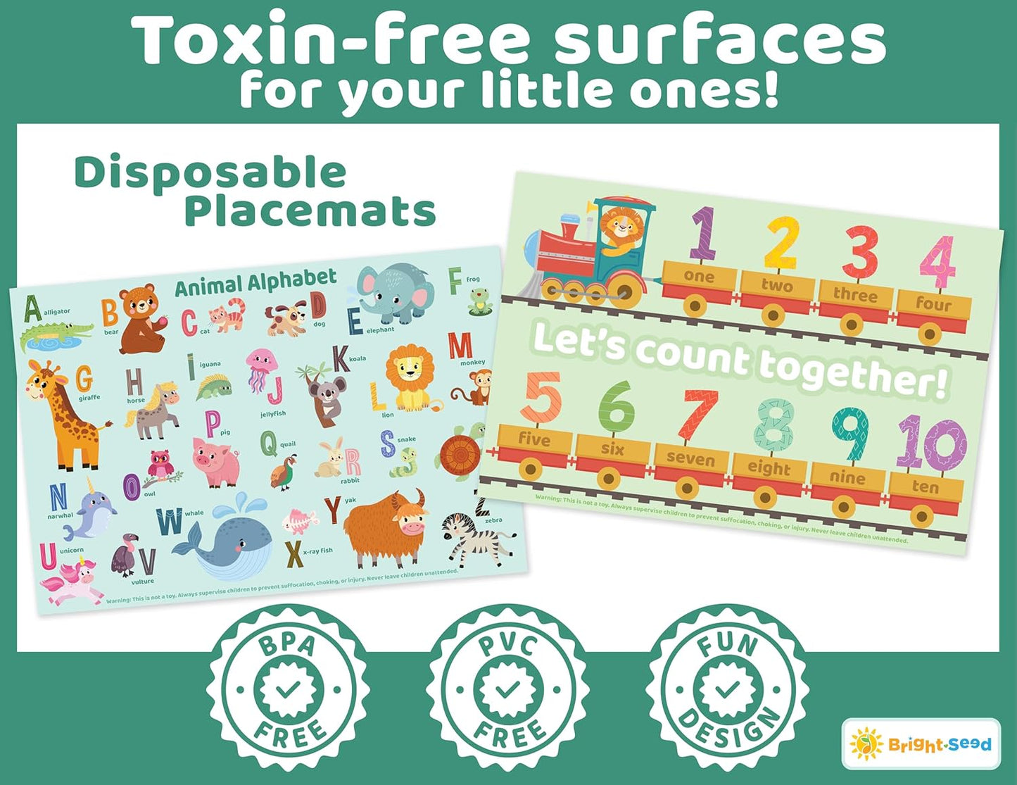 Bright Seed Disposable Placemats for Baby, Toddlers and Kids, Animals ABC & Numbers, 40 Disposable Baby mats for Restaurant, Dining Table & Travel, Learning Placemats for Kids, Toddler Travel