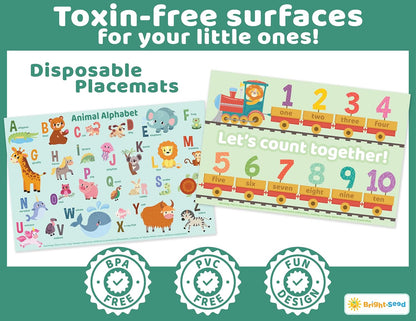 Bright Seed Disposable Placemats for Baby, Toddlers and Kids, Animals ABC & Numbers, 40 Disposable Baby mats for Restaurant, Dining Table & Travel, Learning Placemats for Kids, Toddler Travel