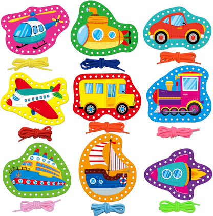 SpriteGru 9 Pieces Kids Lacing Cards, Double Sided Sewing Cards in 9 Vehicle Cards with 9 Colorful Laces, Imagination Development Lacing Toys Games for Children Educational and Learning Activity