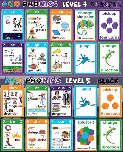 AGO Phonics Card Game - Advanced Set (Levels 4 and 5) A Fun Game to Build Phonics and Reading Skills. Learn Tricky phonemes (digraphs/dipthongs/Word Families/Silent Letters & More!)