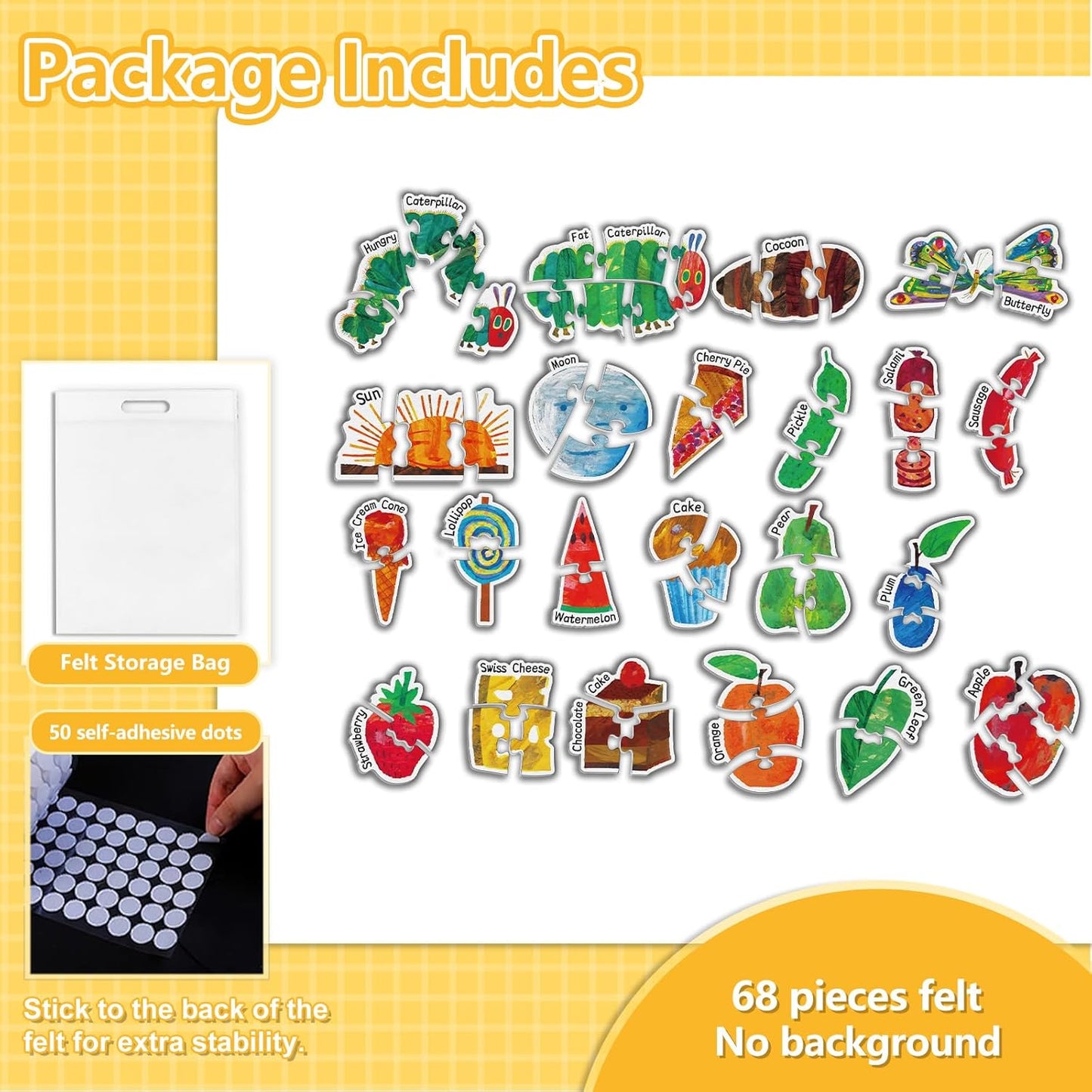 68 Pieces The Very Hungry Caterpillar Matching Game Felt Board Story Sets Alphabet Puzzle Flannel Board for The Classroom Alphabet Game