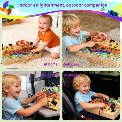 UdoUto Montessori Wooden Busy Board for Toddlers with LED Light Lights & Switches,Portable Activity Board for Car & Airplane Travel Toys, Christmas & Birthday Gift for 1-3 Year Old Boys & Girls