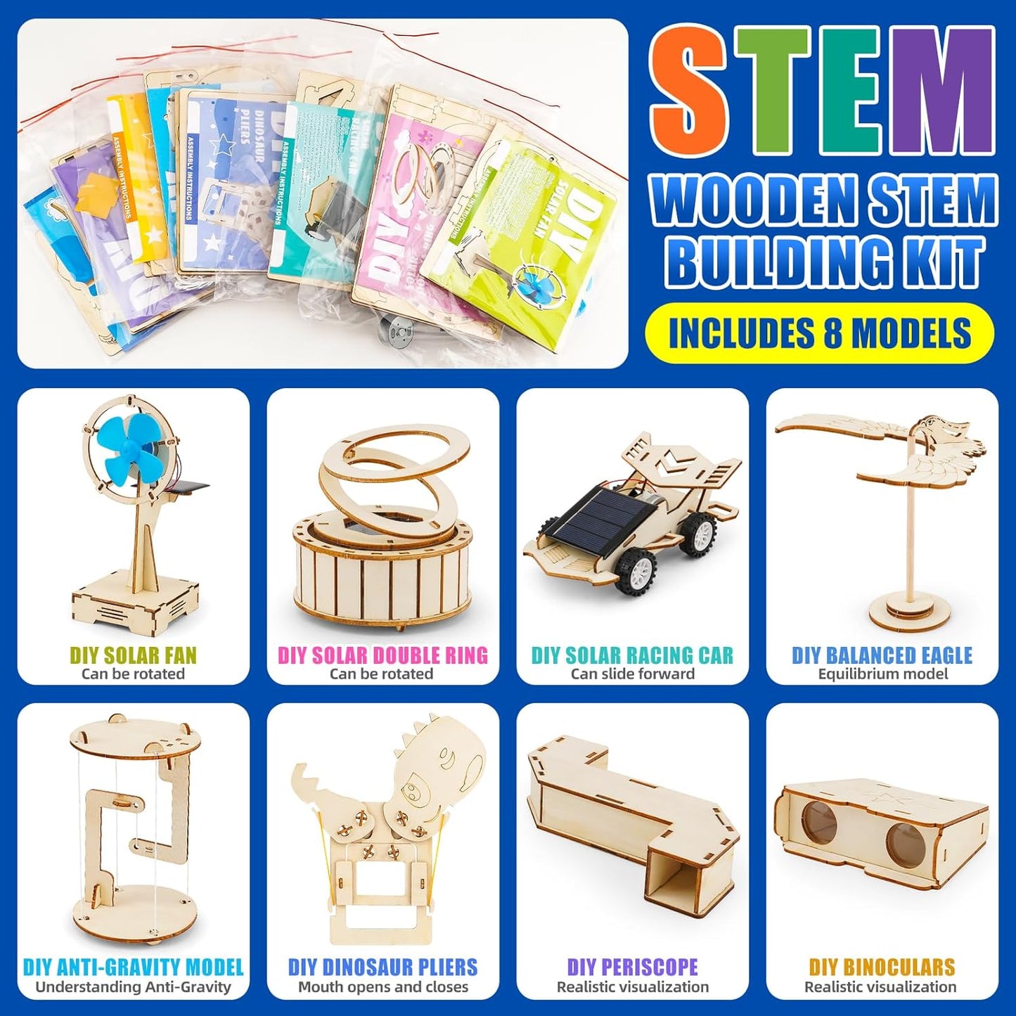 8 in1 STEM Science Kit for Kids Age 8-14, Wooden Physics Experiments & Solar Engineering Kits, Build Solar Car, Anti-Gravity Device, Telescope, Periscope & Dinosaur Claw, Gifts for Boys Girls