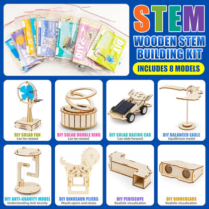 8 in1 STEM Science Kit for Kids Age 8-14, Wooden Physics Experiments & Solar Engineering Kits, Build Solar Car, Anti-Gravity Device, Telescope, Periscope & Dinosaur Claw, Gifts for Boys Girls