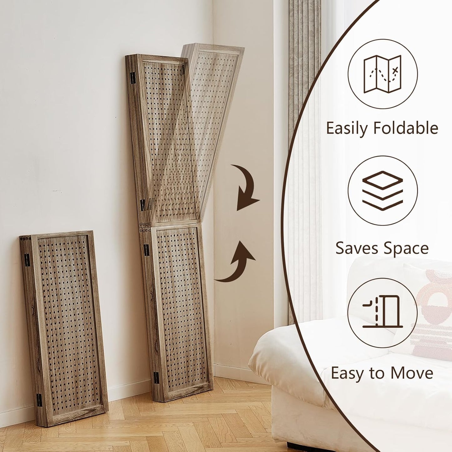 4 Panel Wooden Room Dividers, 5.6FT High Plug-in Folding Screen Made of Natural Wood, Pegboard Display for Bedroom and Shopping Malls and Jewelry Stores, Dark Brown