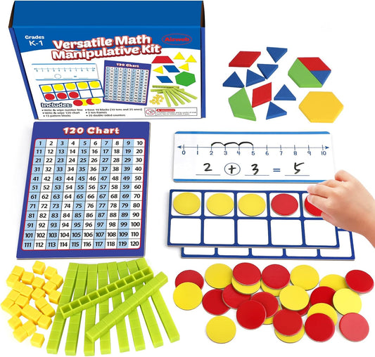 Take Home Versatile Math Manipulatives Kit for Kids Grade K-3,With Ten-Frames,Base Ten Blocks,Math Counters,Number Line,120 Number Chart,Pattern Blocks,Homeschool Supplies (Develops Early Math Skills)