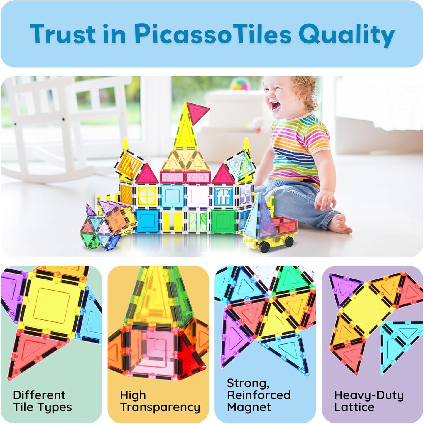PicassoTiles 101 Piece Magnetic Tile Building Blocks Set with Durable Storage Bag STEM Educational Construction Magnet Toy Kit for Toddlers Preschool Kids Boys Girls Age 3 Plus Indoor Learning PT06