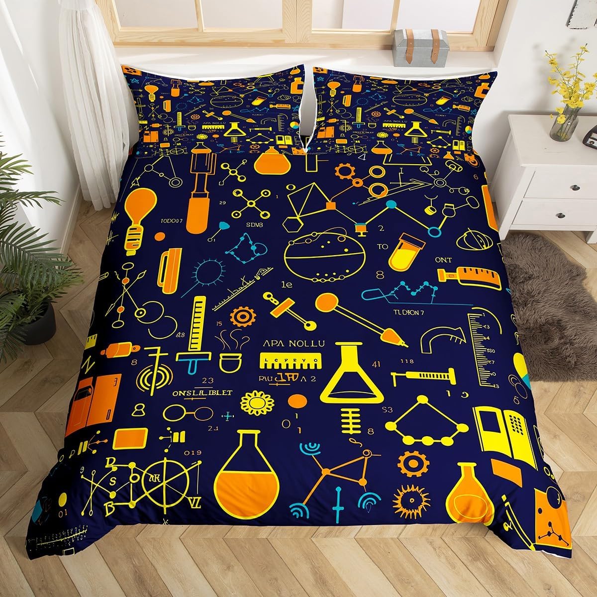 Erosebridal Chemistry Bedding Set Chemical Equation Comforter Cover for Kids Boys,Science Students Duvet Cover Test Tube Microscope Chemical Equipment Bed Set Full,Science Educational Dorm Room Decor