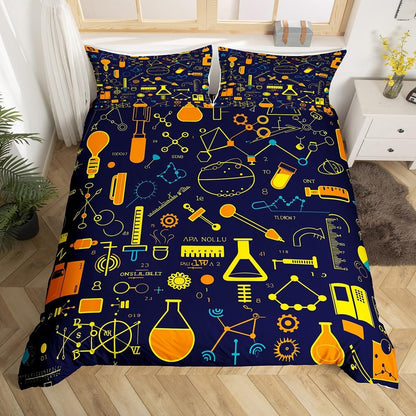 Erosebridal Chemistry Bedding Set Chemical Equation Comforter Cover for Kids Boys,Science Students Duvet Cover Test Tube Microscope Chemical Equipment Bed Set Full,Science Educational Dorm Room Decor