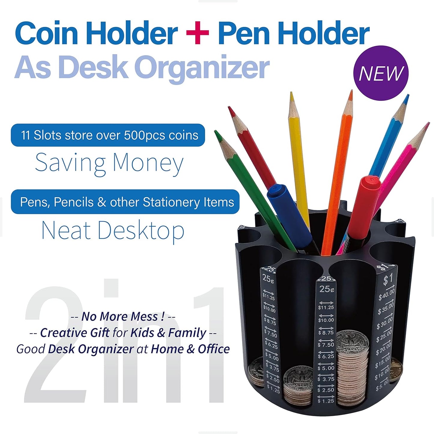 Byteen8 Coin Counter Change Sorter｜Pen & Pencil Holder as Desk Organizer｜Piggy Bank for Adults & Kids｜Coin Bank & Wrappers store 500pcs｜Creative Gifts for Kids & Family｜Easy to use