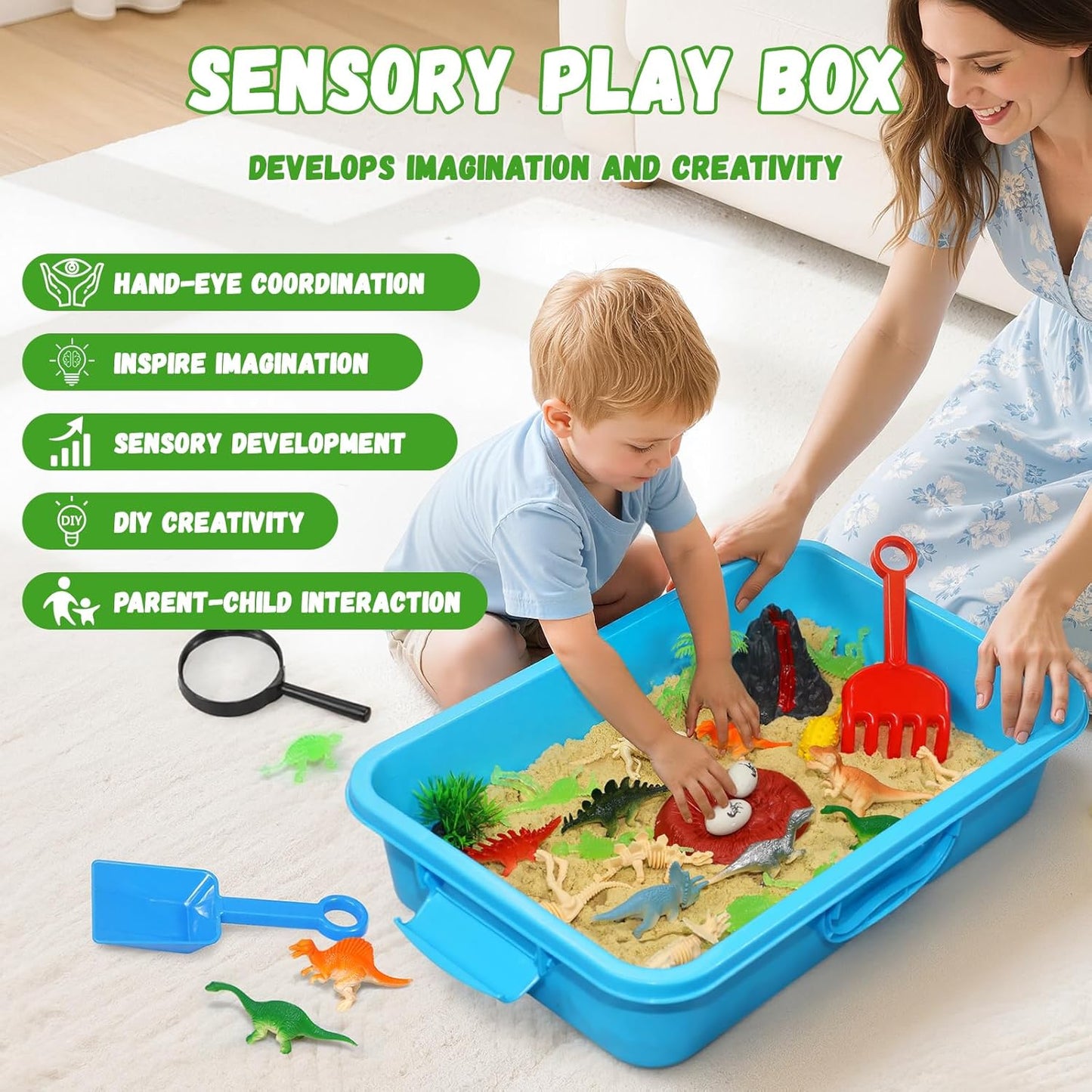 Dinosaur Sensory Bin with Lid, 2.64lbs Magic Sand, Dino Figures, Skeletons & Archaeology Tools, Sensory Sand Kit Dinosaur Toys for Kids 3 4 5 6 7+ Year Old Boy Toddler Birthday Gift Christmas