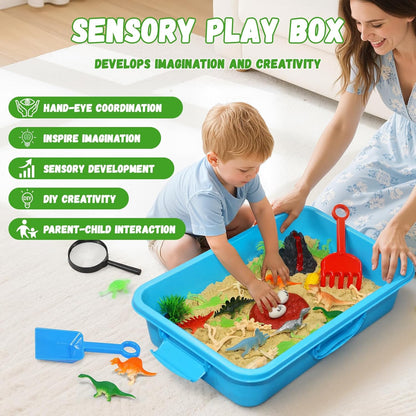 Dinosaur Sensory Bin with Lid, 2.64lbs Magic Sand, Dino Figures, Skeletons & Archaeology Tools, Sensory Sand Kit Dinosaur Toys for Kids 3 4 5 6 7+ Year Old Boy Toddler Birthday Gift Christmas