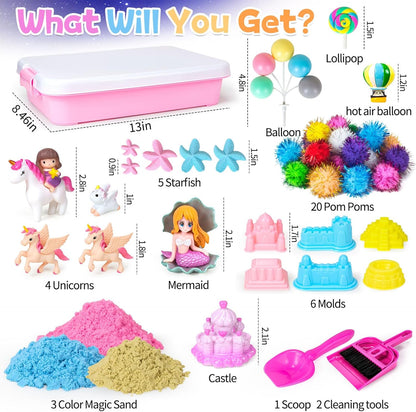 Hymaz Unicorn Sensory bin, Unicorn and Mermaid Play Sand Kit, Sandbox with 2.2lbs Magic Sand, Castle Molds, Ocean Scene Models, Preschool Indoor Birthday Gifts for Boys Girls Age 3 4 5 6 7 8