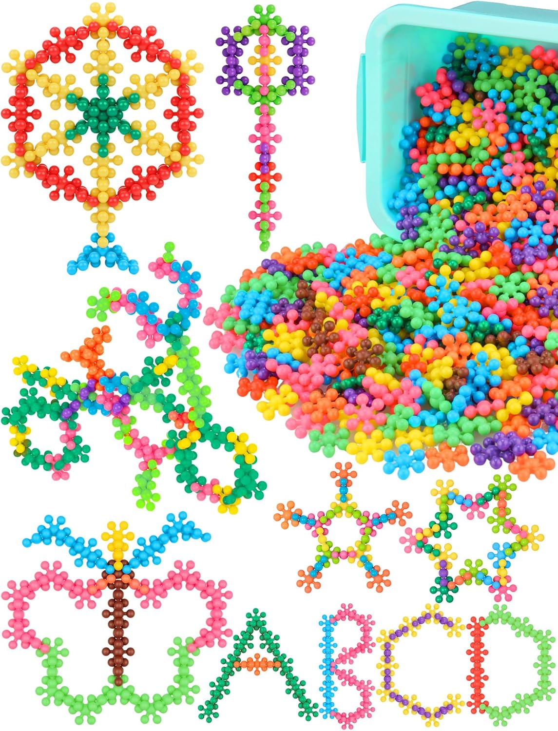 Snowflake Interlocking Building Block Educational Toy 300PCS for Kids Ages 3+, Multi-Color Solid Plastic Early Learning Creativity STEM Toy with Carrying Case Safe Material