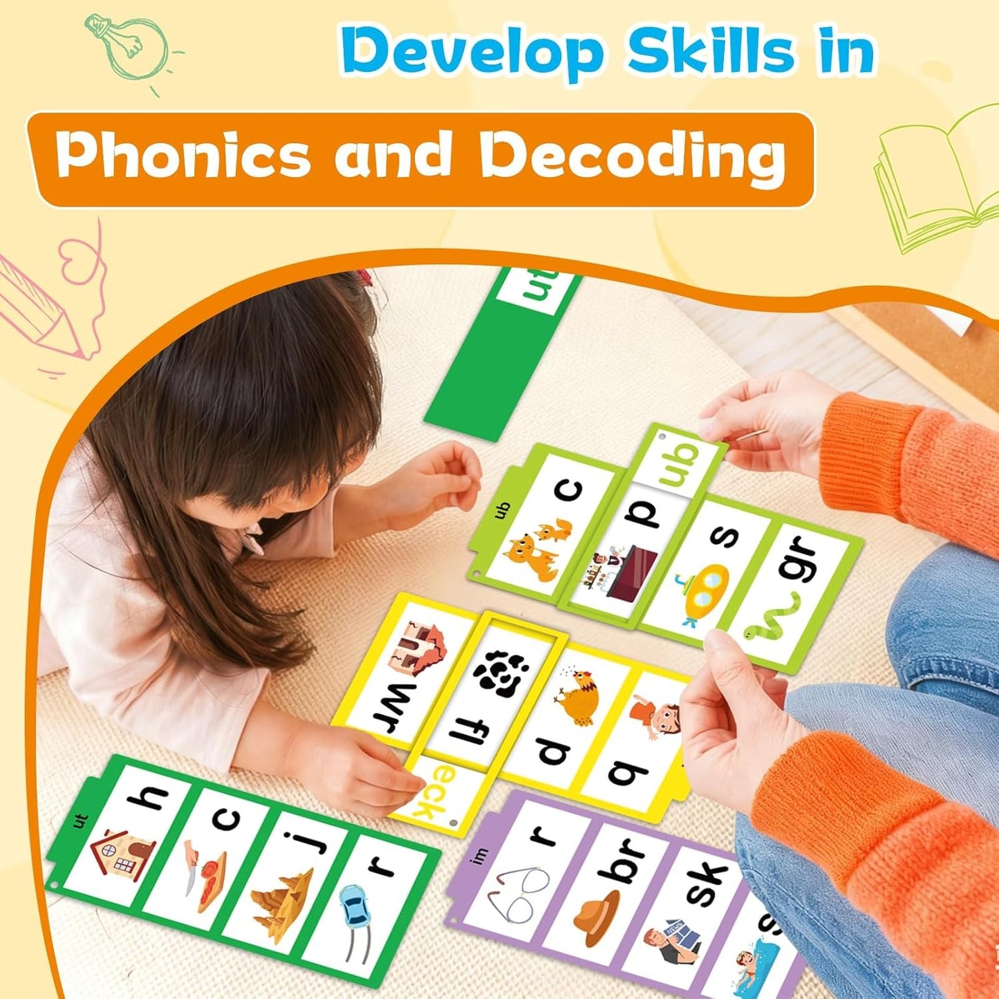 Word Family Build Book Read and Rhyme Activity Book Learn to Read Phonics Slide Flashcards Kindergarten Sight Word Flash Cards ABC Vocabulary Reading Games for Kids Homeschool Education