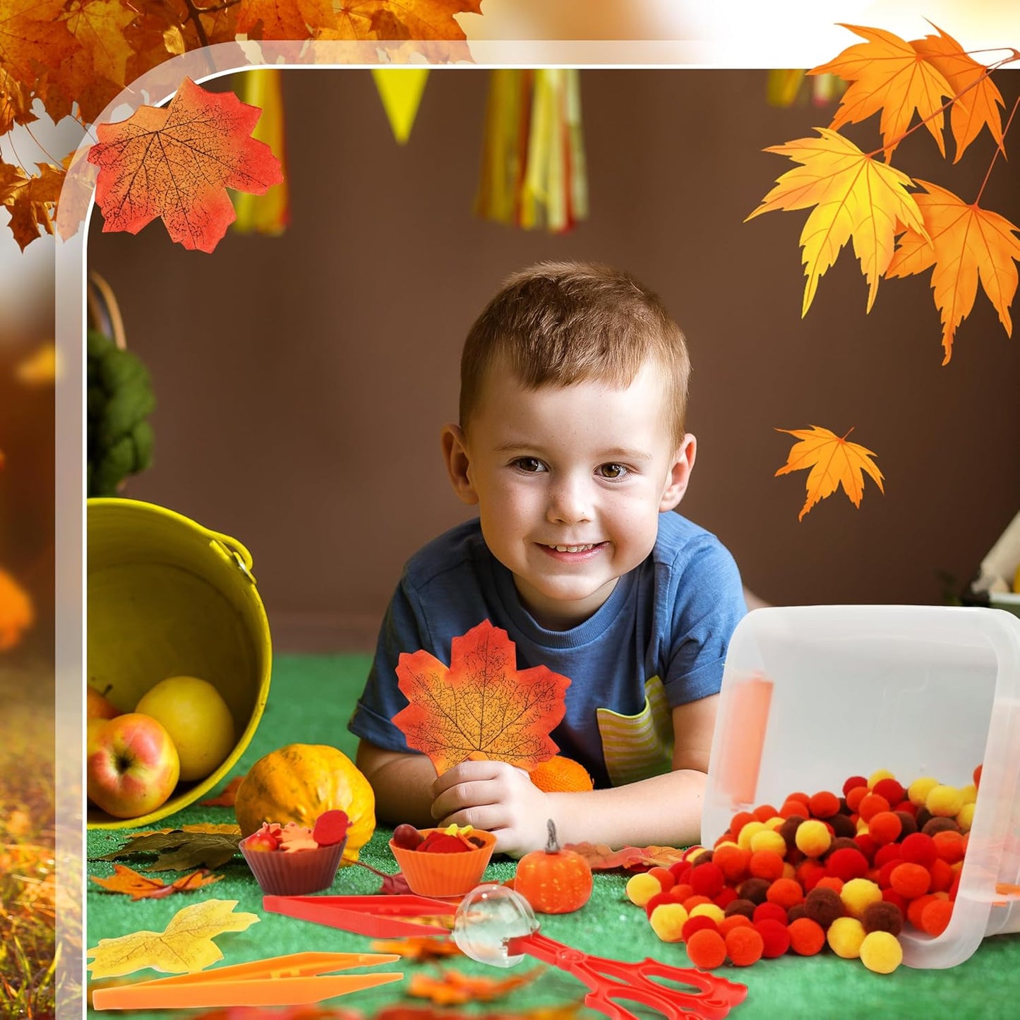 Fall Sensory Bin Fillers - 353 PCS Thanksgiving Fine Motor Toys for Kids, Autumn Counting Sorting Set with Felt Leaves Tweezers & Clip for Sorting Counting Training Preschool Learning Activity