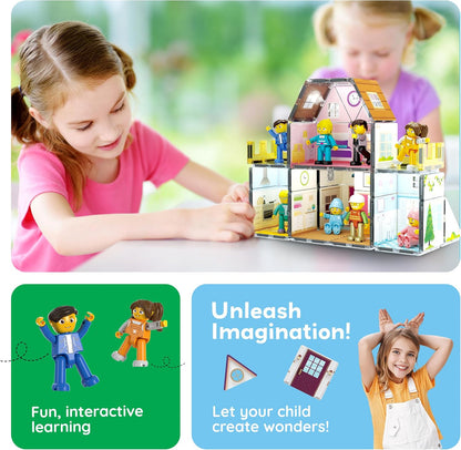 PicassoTiles 60pc Magnetic Tile Princess Castle Building Set with Double Sided Printed Tiles 2 Character Figures STEM Educational Toy Kit for Kids Pretend Play Montessori Learning Ages 3 to 8 PTQ04