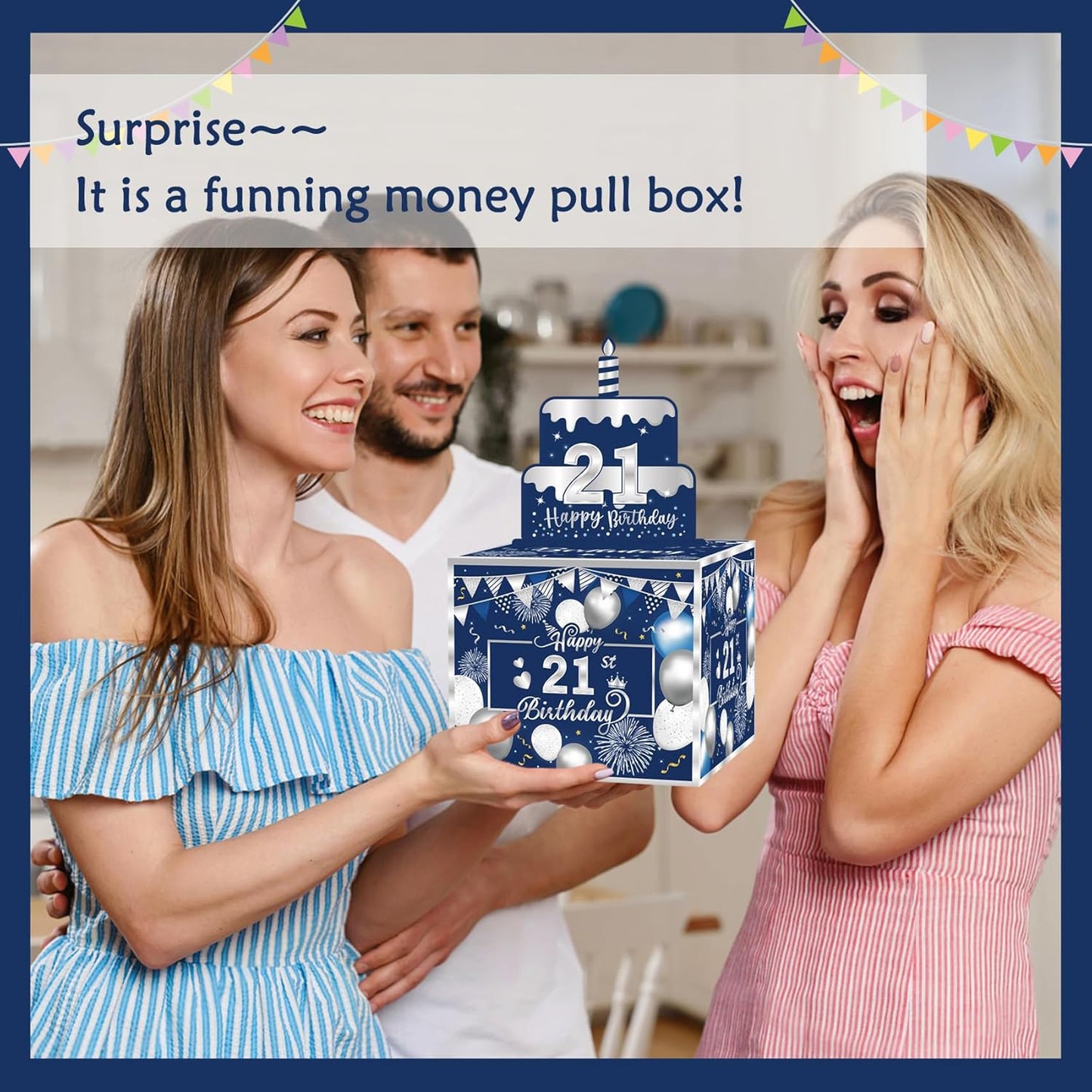 Birthday Money Box for Cash Gift Pull, Surprise Gift Boxes for Money, Money Holder Box with Pull Out Happy Birthday Card and 50Pcs Transparent Bags, Money Gift Ideas for Kids and Adults