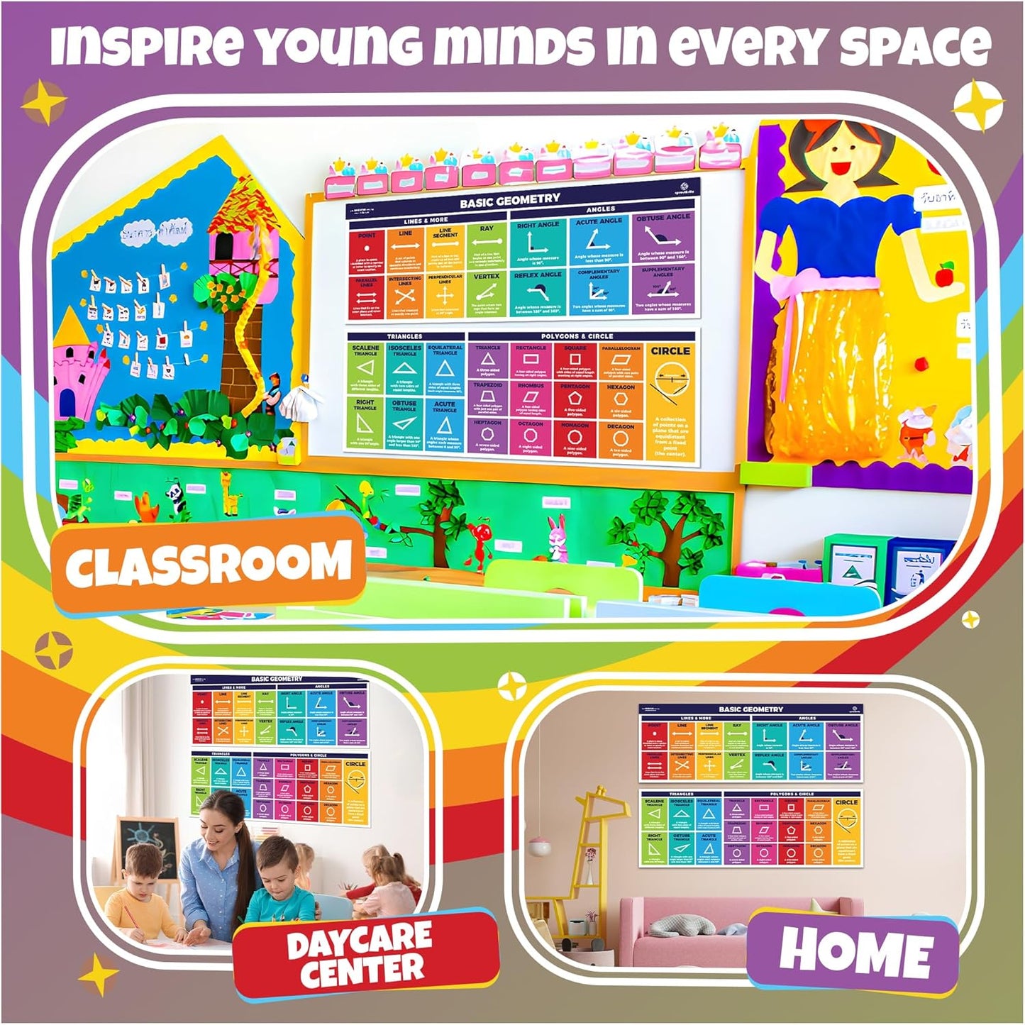Sproutbrite 2-Pack Educational Math Posters (13.5" x 39") – Area, Perimeter & Geometry Classroom Decor Banners for Bulletin Board & Wall – Math Posters for Middle & Elementary School – Covers Essential Geometry Concepts