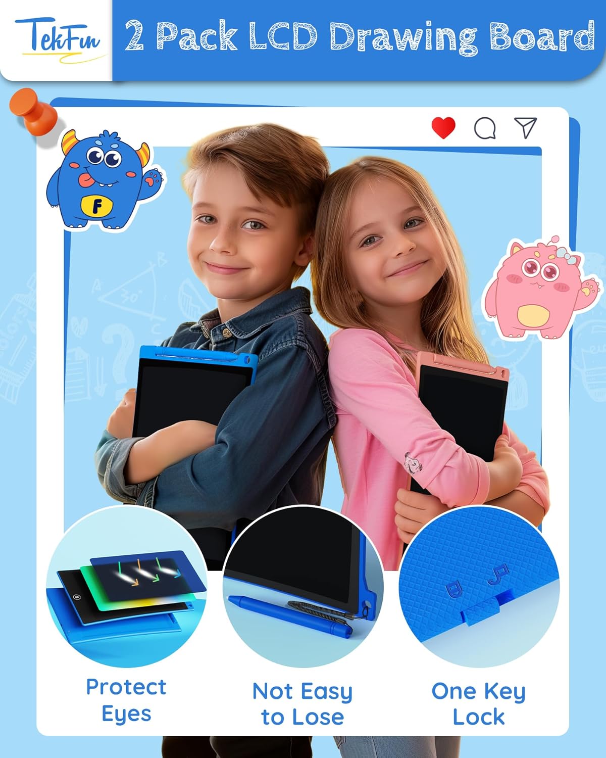 TEKFUN Kids Toys, 2Pcs LCD Writing Tablet with 4 Stylus, 8.5in Erasable Doodle Board Mess Free Drawing Pad for Kids, Car Trip Educational Toys Birthday for 3 4 5 6 7 Girls Boys