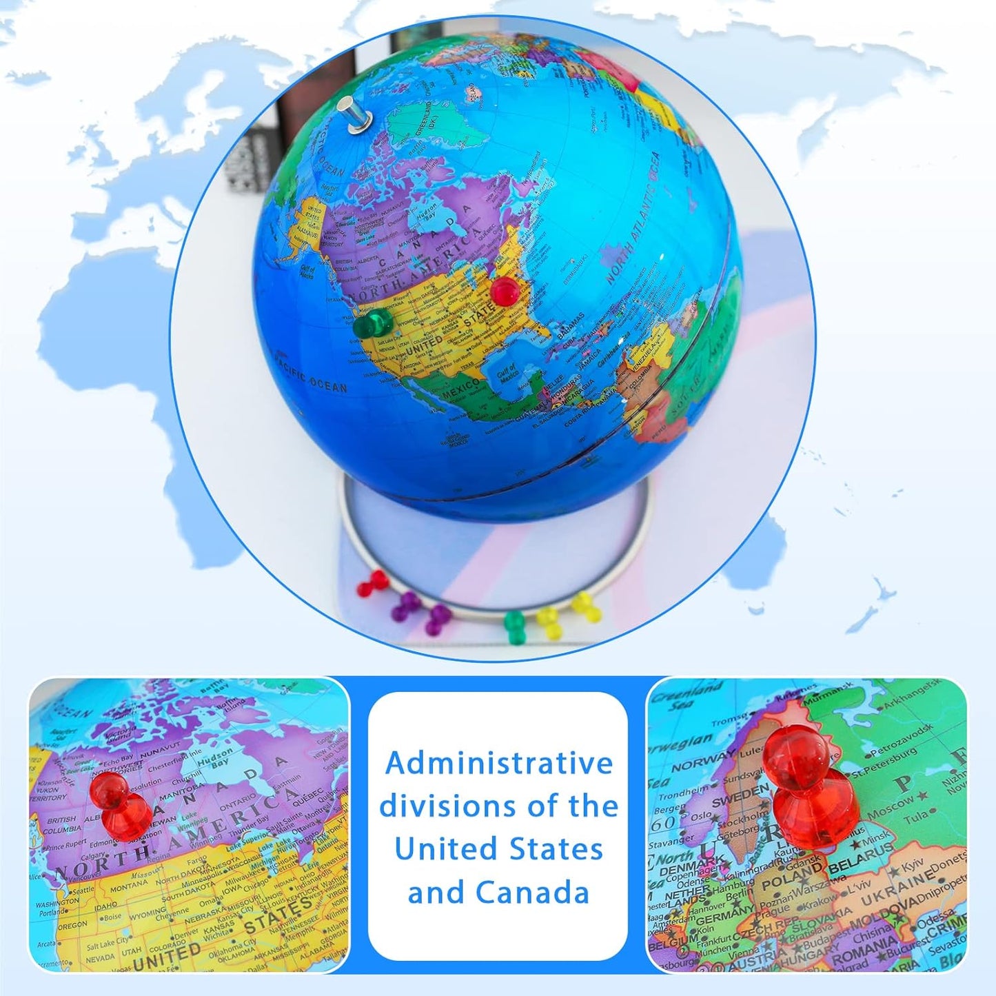 BSHAPPLUS World Globe with Stainless Steel Stand 13 inch, 720 Rotating & HD Waterproof Material, Teaching/Geographic/Decorative Globes with Clear Text for Elementary, Classroom, Home, School, Office