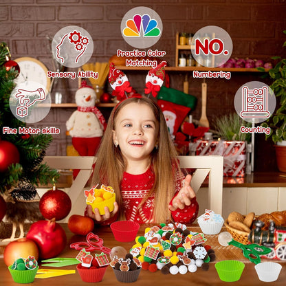 Summer Sensory Bin Fillers - 266Pcs Summer Gift Fine Motor Toys Counting Sorting Toys for Kids, Felt Xmas Tree Snowman Elk Pom Poms Cup Clip for Preschool Education Activities