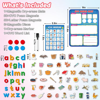 Kasfalci CVC Word Games,Phonics Games,Magnetic Letters & Dry Erase Board,Refrigerator Fridge Alphabet ABC Magnets for Kids Toddlers,Elkonin Box,Speech Therapy,Spelling Reading Manipulative Classroom