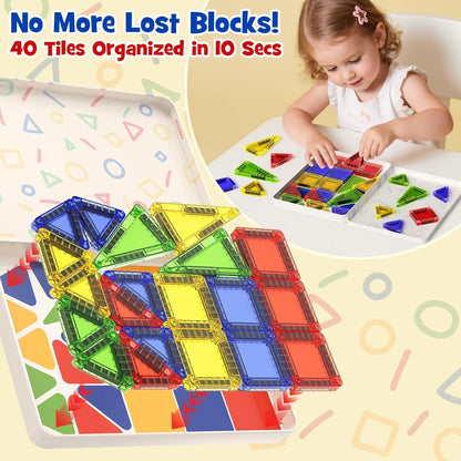 Magnetic Tiles for Kids Ages 4-8, Magnetic Blocks Travel Set with Diamond Surface & Metal Storage Box, 60PCS STEM Learning Toys, Educational Building Gifts for 3-8 Year Olds