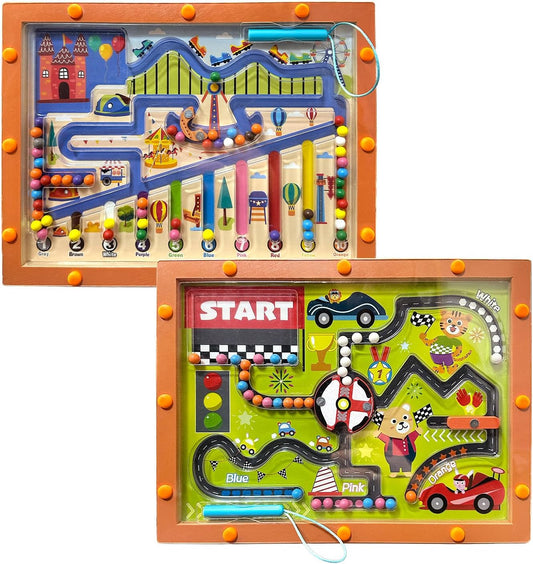 2in1 Magnetic Maze Board for Kids Ages 3+ Montessori Educational Toy with Car Race Maze & Amusement Park Theme Color Sorting, Number Counting, Pen Control, No Screen Time