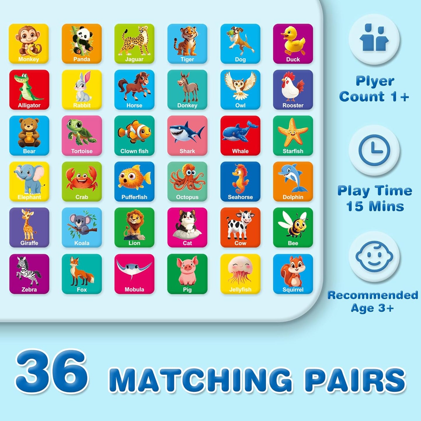 72 PCS Memory Match Game, Animial Matching Game for Kids 3 and up, Enhanced Memory Skills for Toddlers Ages 3 and Up
