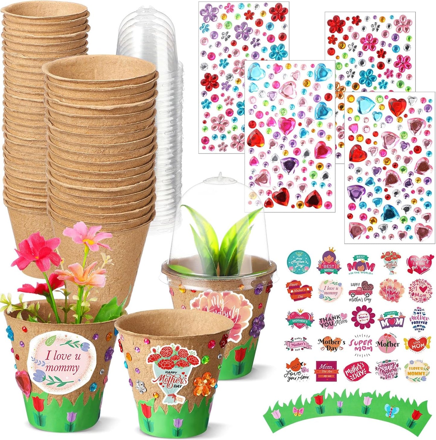 Motipuns Mother's Day Garden Paper Pot Craft Kit Include Plant Flower Peat Pots with Domes 4 Sheet Rhinestones Jewels Stickers and Adhesive Spring Stickers Set for DIY Craft Gifts