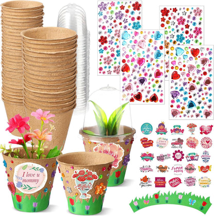 Motipuns Mother's Day Garden Paper Pot Craft Kit Include Plant Flower Peat Pots with Domes 4 Sheet Rhinestones Jewels Stickers and Adhesive Spring Stickers Set for DIY Craft Gifts