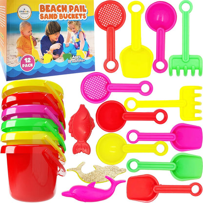 The Dreidel Company Mini Beach Day Playsets (Pack of 6) 3.25" Sand Bucket Play Set Box Includes, Pail, Shovel, Rake, Sifter Scoop, Dolphin Fish Sand Trays Toy for Boys and Girls Birthday Party Favor