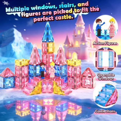 Magnetic Tiles 102pcs with 2 Stairs 2 Dolls Princess Castle Building Girls Toys Age 4-5 6-8 Magnetic Blocks Birthday Xmas Gifts for Girls Toys for 3 4 5 6 7 8+ Year Old
