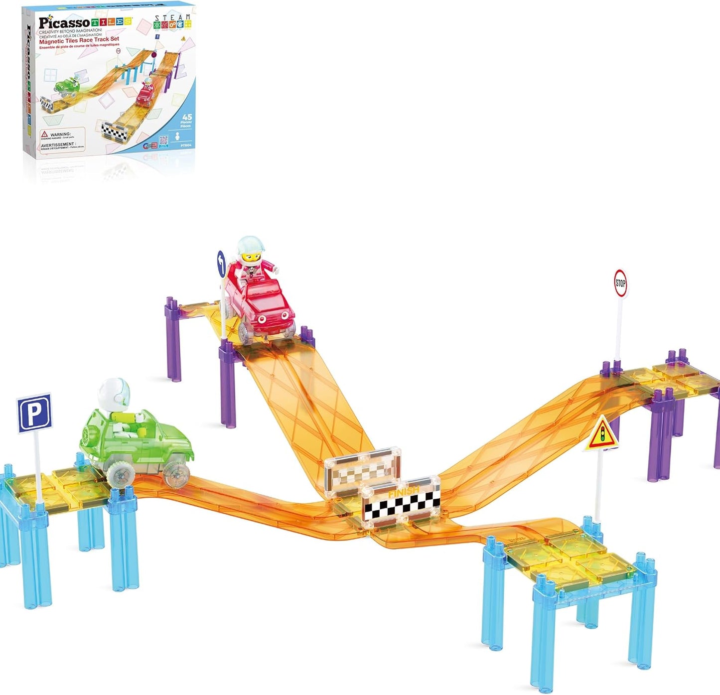 PicassoTiles 50pc Racecar Track Magnetic Tiles Educational Kids Toy with 2 Light Up Trucks STEM Preschool Learning Magnet Tile Toddler Toys Boys Girls Ages 3+ Blocks Game Puzzles Build Playset PTR50